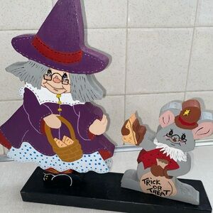 Vintage Folk‎ Art Halloween Witch Mouse Wooden Decoration Primitive